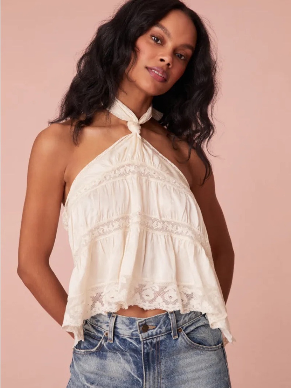 LoveShackFancy Cream Halter Lace-Trim Top